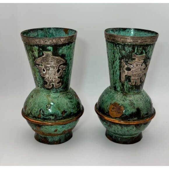 Other - Mexican Mid-Century Silver Inlay Verdigris Vessels Matching pair 5" Tall